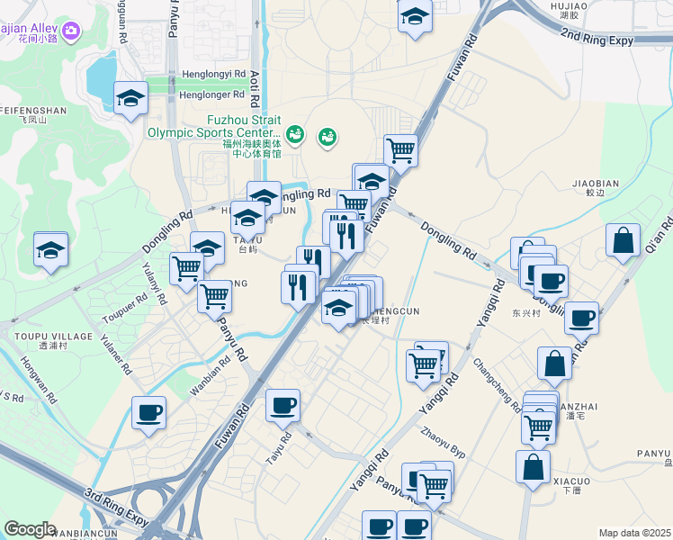 map of restaurants, bars, coffee shops, grocery stores, and more near 96 Wushan Road in Fu Zhou Shi