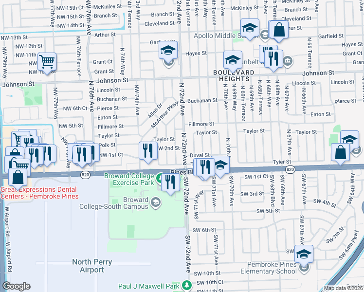 map of restaurants, bars, coffee shops, grocery stores, and more near 200 North 72nd Avenue in Hollywood