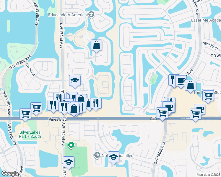 map of restaurants, bars, coffee shops, grocery stores, and more near 897 Northwest 167th Avenue in Pembroke Pines
