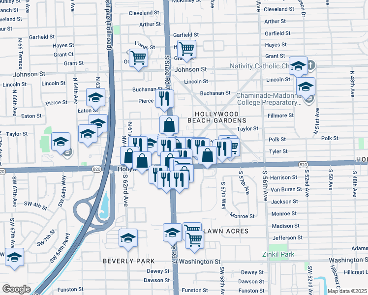 map of restaurants, bars, coffee shops, grocery stores, and more near 213 Columbus Parkway in Hollywood