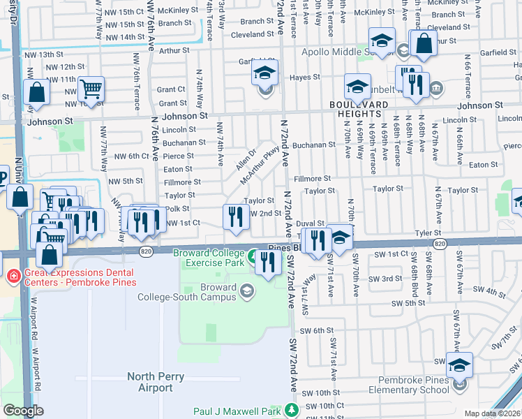 map of restaurants, bars, coffee shops, grocery stores, and more near 7301 Polk Street in Hollywood