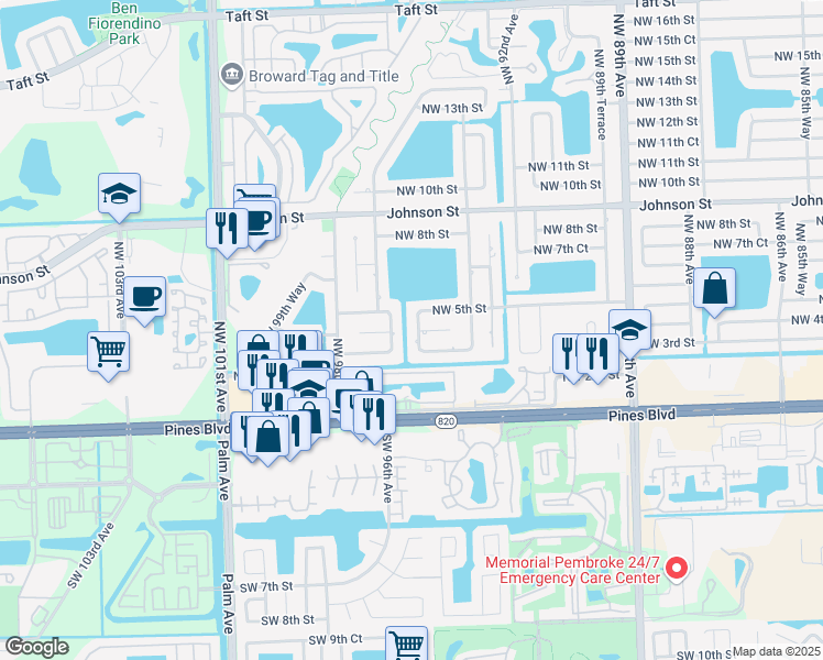 map of restaurants, bars, coffee shops, grocery stores, and more near 400 Northwest 95th Terrace in Pembroke Pines