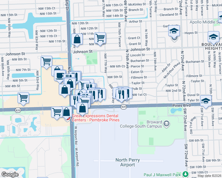 map of restaurants, bars, coffee shops, grocery stores, and more near 210 Northwest 77th Way in Pembroke Pines