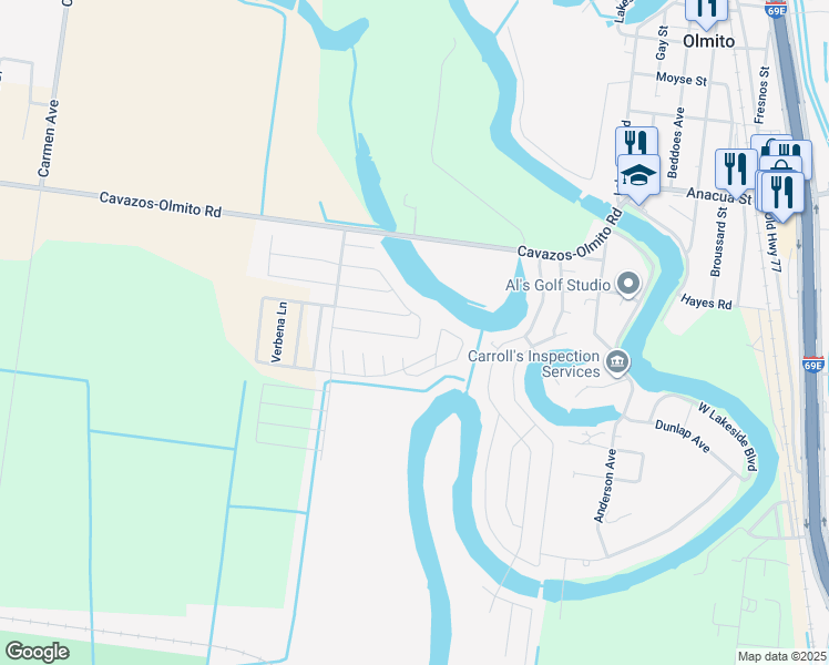 map of restaurants, bars, coffee shops, grocery stores, and more near 7080 Lago Vista Boulevard in Brownsville