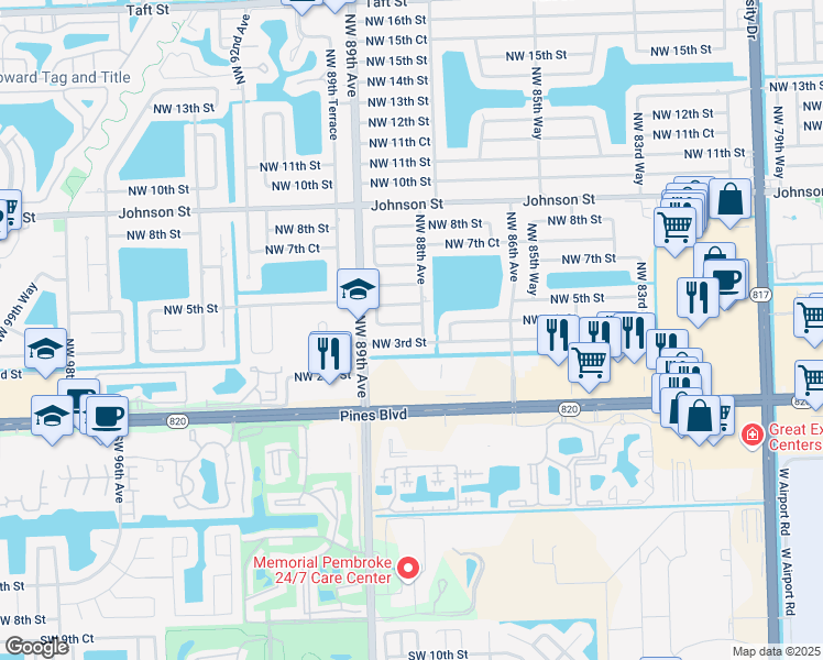 map of restaurants, bars, coffee shops, grocery stores, and more near 8810 Northwest 4th Street in Pembroke Pines