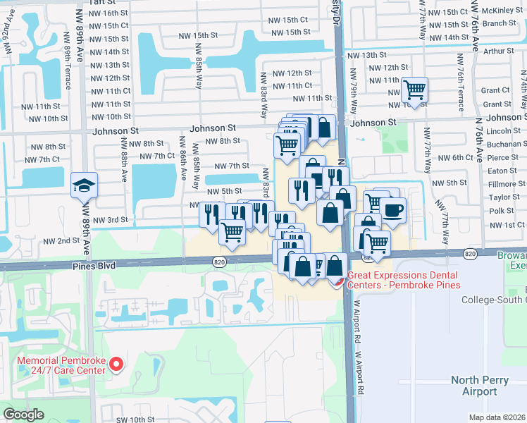 map of restaurants, bars, coffee shops, grocery stores, and more near 8341 Northwest 3rd Street in Pembroke Pines