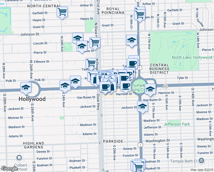 map of restaurants, bars, coffee shops, grocery stores, and more near 2021 Hollywood Boulevard in Hollywood