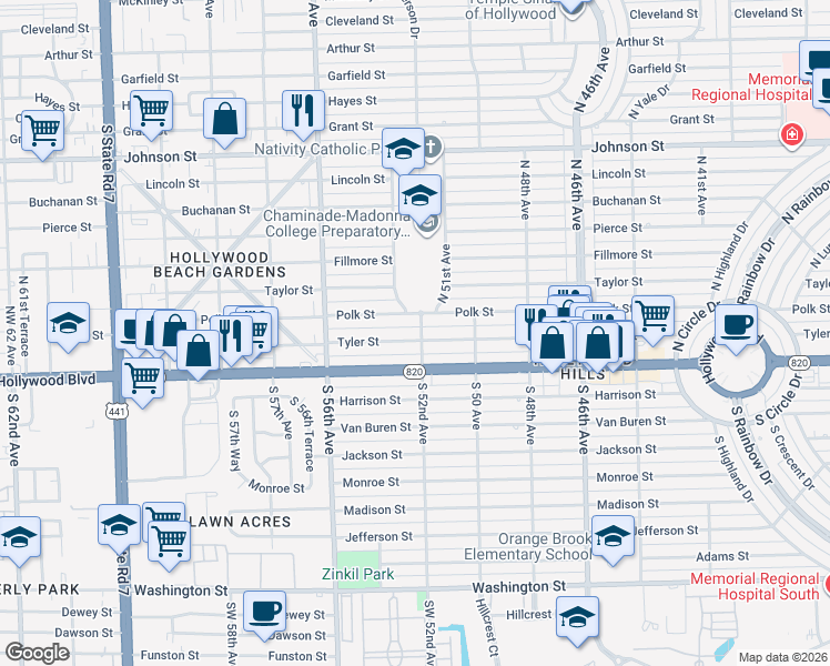 map of restaurants, bars, coffee shops, grocery stores, and more near 200 North 52nd Avenue in Hollywood