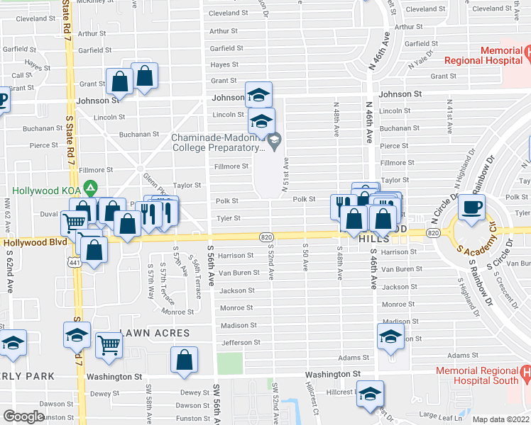 map of restaurants, bars, coffee shops, grocery stores, and more near 200 North 52nd Avenue in Hollywood