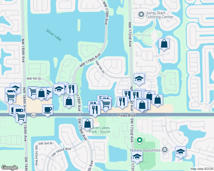 map of restaurants, bars, coffee shops, grocery stores, and more near 17401 Northwest 7th Street in Pembroke Pines
