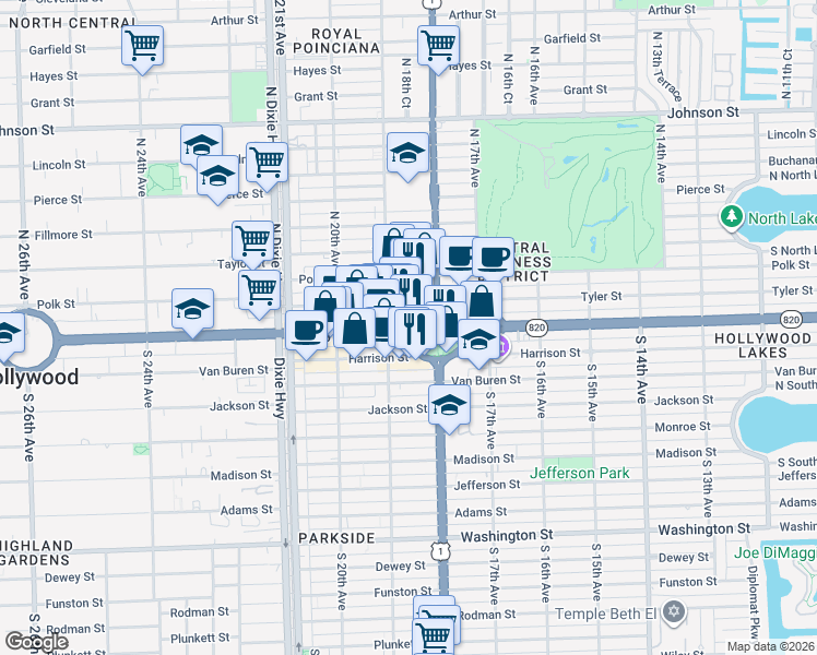 map of restaurants, bars, coffee shops, grocery stores, and more near 1733 East Young Circle in Hollywood