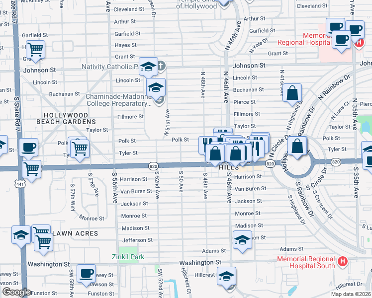map of restaurants, bars, coffee shops, grocery stores, and more near 4911 Tyler Street in Hollywood