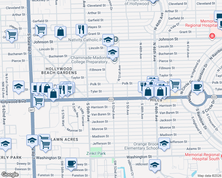 map of restaurants, bars, coffee shops, grocery stores, and more near 200 North 52nd Avenue in Hollywood