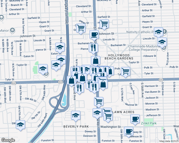map of restaurants, bars, coffee shops, grocery stores, and more near 6041 Duval Street in Hollywood