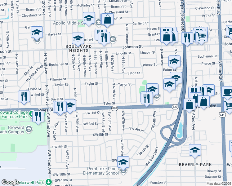 map of restaurants, bars, coffee shops, grocery stores, and more near 251 North 68th Avenue in Hollywood