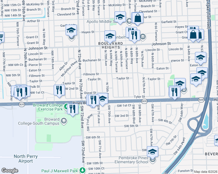 map of restaurants, bars, coffee shops, grocery stores, and more near 300 North 69th Way in Hollywood