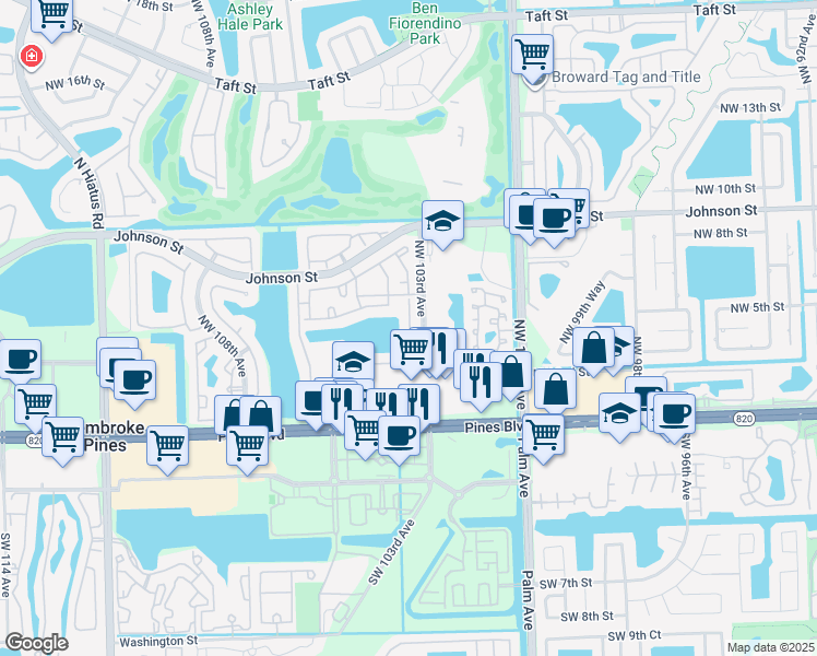 map of restaurants, bars, coffee shops, grocery stores, and more near 388 Northwest 103rd Terrace in Pembroke Pines