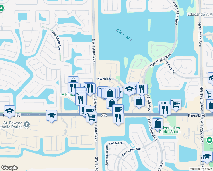 map of restaurants, bars, coffee shops, grocery stores, and more near 18323 Northwest 7th Street in Pembroke Pines