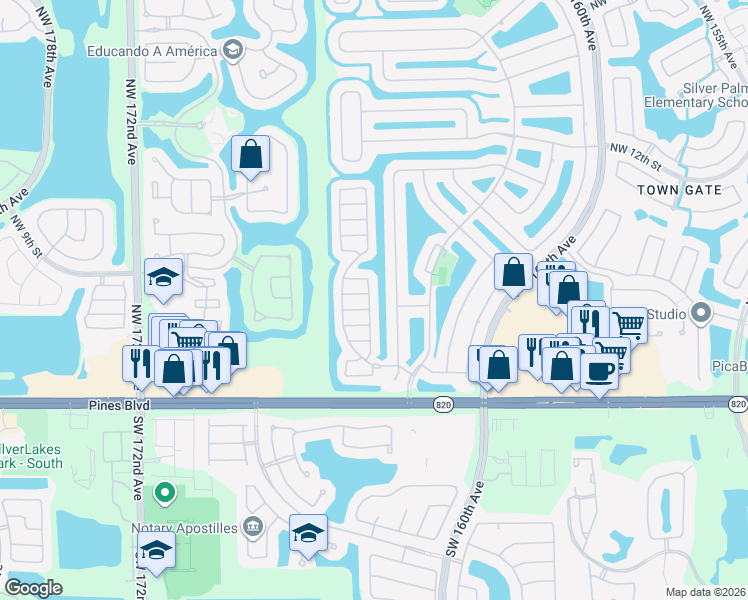 map of restaurants, bars, coffee shops, grocery stores, and more near 16501 Northwest 5th Street in Pembroke Pines