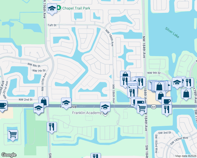 map of restaurants, bars, coffee shops, grocery stores, and more near 18760 Northwest 5th Street in Pembroke Pines