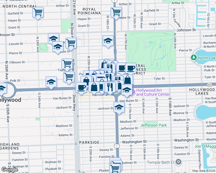 map of restaurants, bars, coffee shops, grocery stores, and more near North Young Circle in Hollywood