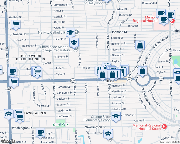 map of restaurants, bars, coffee shops, grocery stores, and more near 4911 Tyler Street in Hollywood