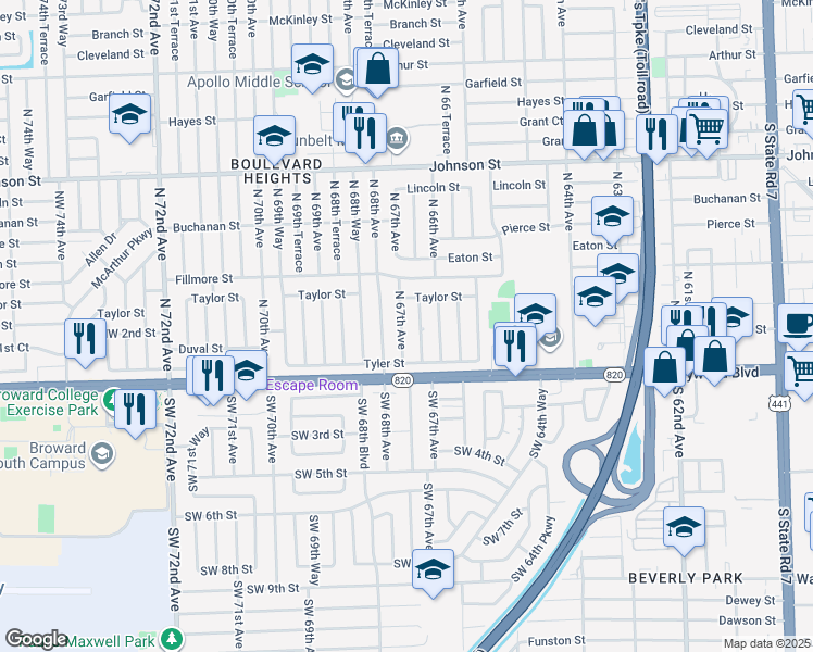 map of restaurants, bars, coffee shops, grocery stores, and more near 251 North 68th Avenue in Hollywood