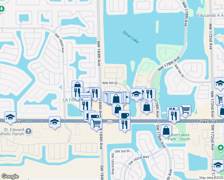 map of restaurants, bars, coffee shops, grocery stores, and more near 18323 Northwest 7th Street in Pembroke Pines
