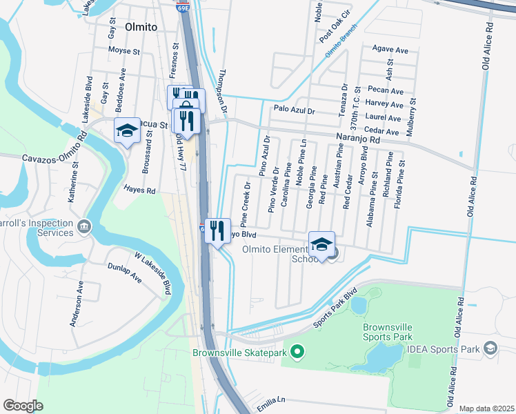 map of restaurants, bars, coffee shops, grocery stores, and more near 6659 Pino Azul Drive in Brownsville