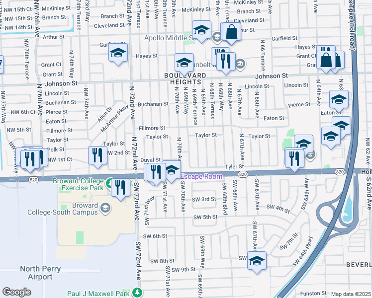 map of restaurants, bars, coffee shops, grocery stores, and more near 300 North 69th Way in Hollywood