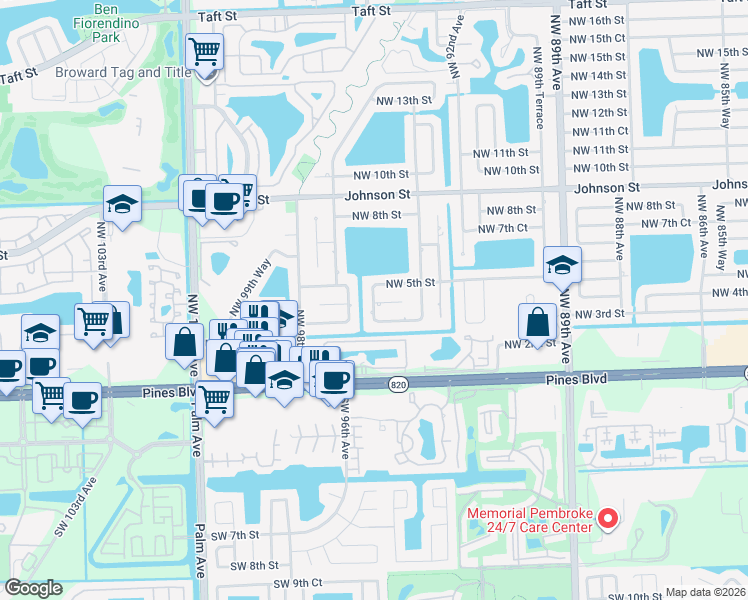 map of restaurants, bars, coffee shops, grocery stores, and more near 400 Northwest 95th Terrace in Pembroke Pines