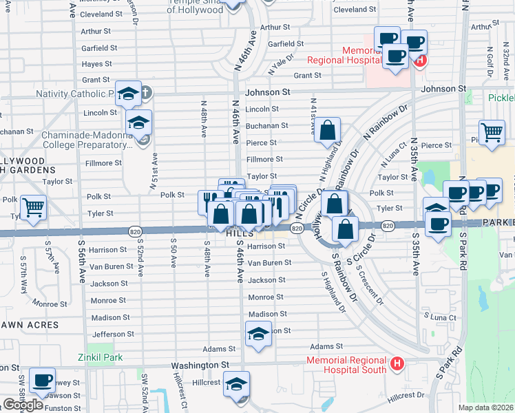 map of restaurants, bars, coffee shops, grocery stores, and more near 4501 Tyler Street in Hollywood