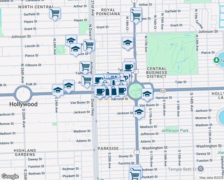 map of restaurants, bars, coffee shops, grocery stores, and more near 1937 Florida 820 in Hollywood