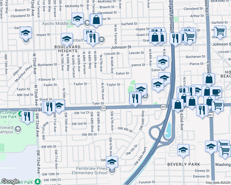 map of restaurants, bars, coffee shops, grocery stores, and more near 301 North 66th Avenue in Hollywood
