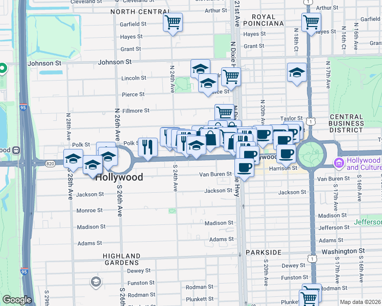 map of restaurants, bars, coffee shops, grocery stores, and more near 2239 Hollywood Boulevard in Hollywood
