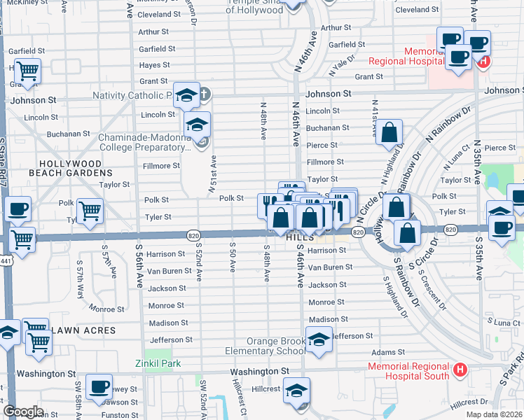 map of restaurants, bars, coffee shops, grocery stores, and more near 4727 Tyler Street in Hollywood