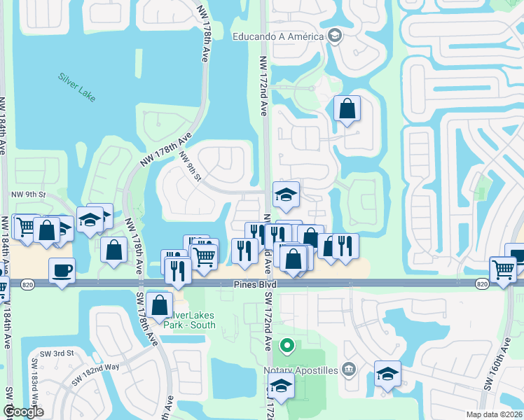map of restaurants, bars, coffee shops, grocery stores, and more near 17214 Northwest 7th Street in Pembroke Pines