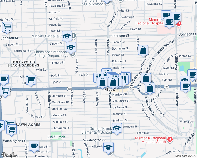 map of restaurants, bars, coffee shops, grocery stores, and more near 4727 Tyler Street in Hollywood