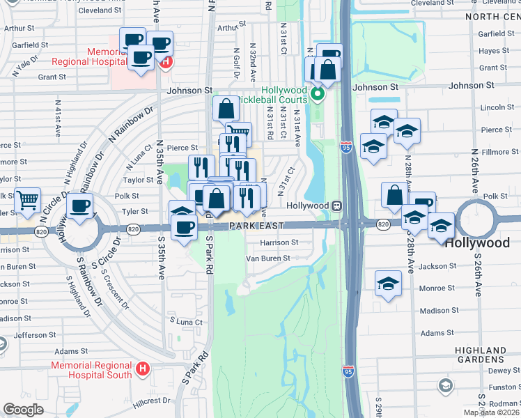 map of restaurants, bars, coffee shops, grocery stores, and more near 108 North 32nd Avenue in Hollywood
