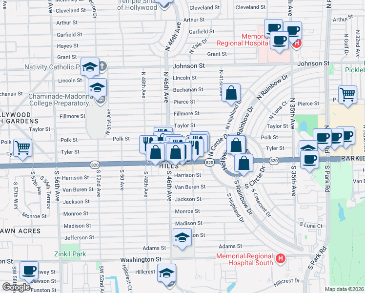 map of restaurants, bars, coffee shops, grocery stores, and more near 4501 Tyler Street in Hollywood