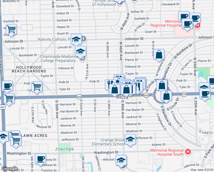 map of restaurants, bars, coffee shops, grocery stores, and more near 4727 Tyler Street in Hollywood