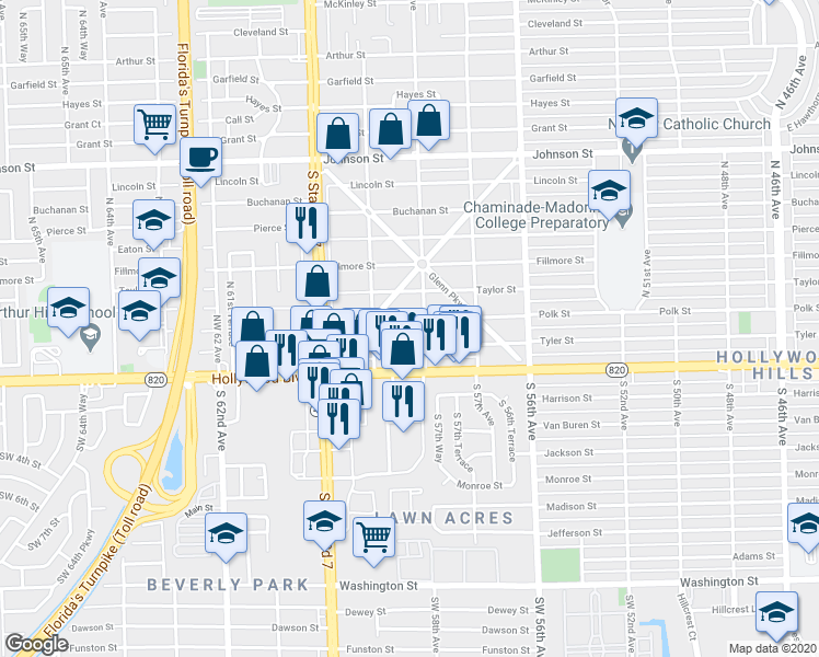 map of restaurants, bars, coffee shops, grocery stores, and more near 5751 Tyler Street in Hollywood