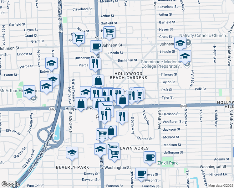 map of restaurants, bars, coffee shops, grocery stores, and more near 5832 Polk Street in Hollywood