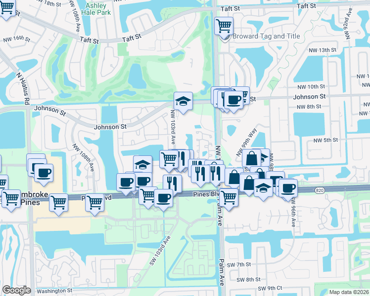 map of restaurants, bars, coffee shops, grocery stores, and more near 401 Northwest 103rd Avenue in Pembroke Pines