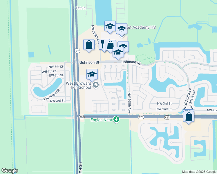 map of restaurants, bars, coffee shops, grocery stores, and more near 20886 Northwest 4th Street in Pembroke Pines