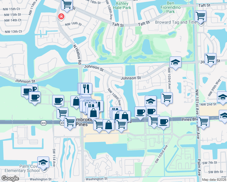 map of restaurants, bars, coffee shops, grocery stores, and more near 372 Northwest 107th Avenue in Pembroke Pines