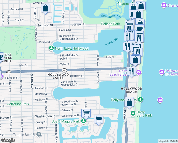 map of restaurants, bars, coffee shops, grocery stores, and more near 923 Harrison Street in Hollywood