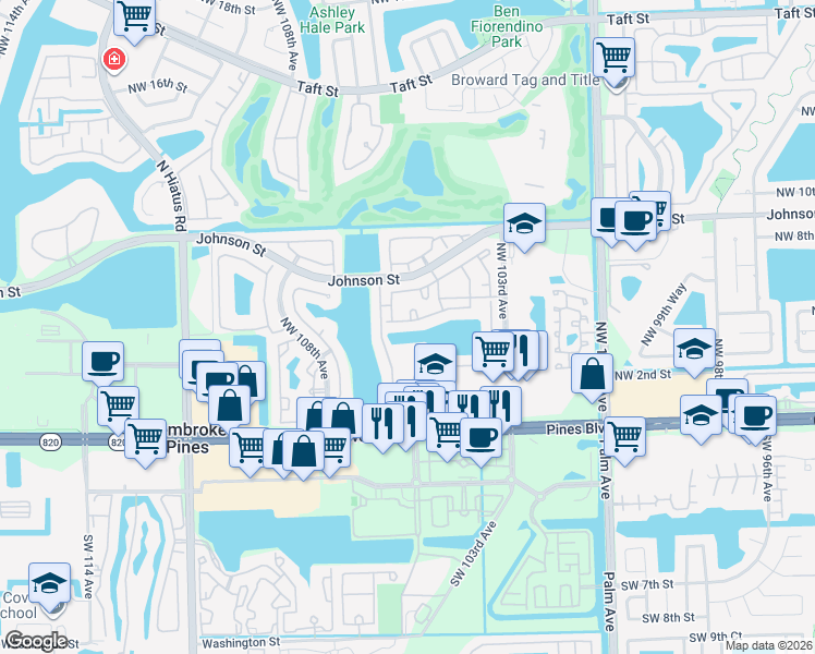 map of restaurants, bars, coffee shops, grocery stores, and more near 10576 Northwest 6th Street in Pembroke Pines