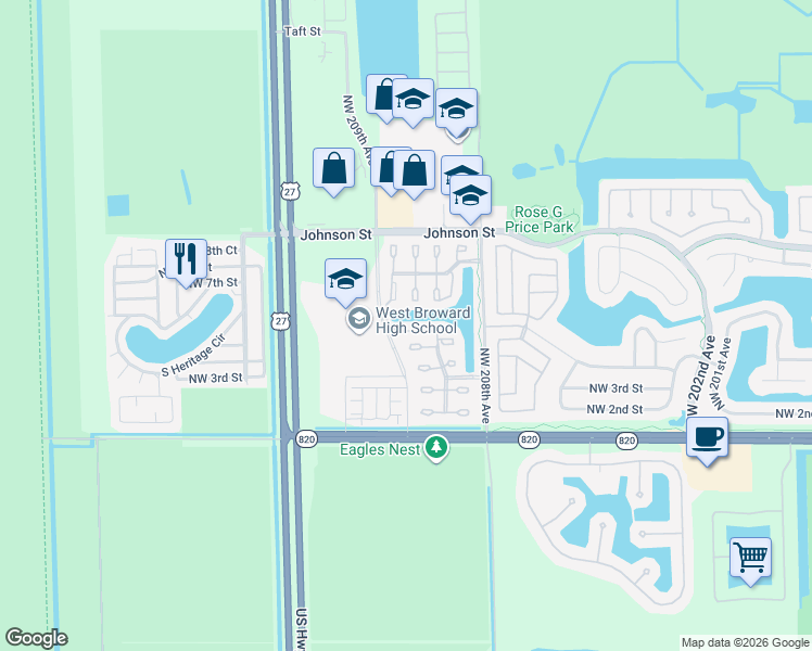 map of restaurants, bars, coffee shops, grocery stores, and more near 20886 Northwest 4th Street in Pembroke Pines