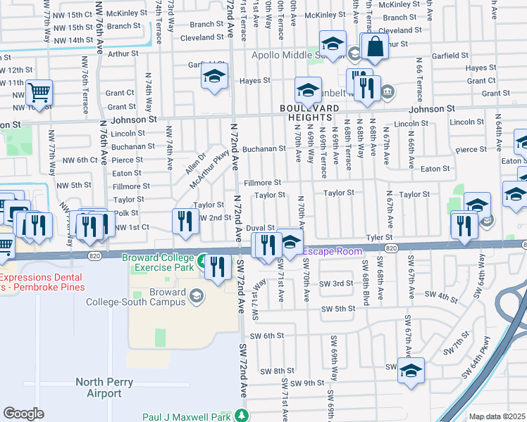 map of restaurants, bars, coffee shops, grocery stores, and more near 300 North 71st Avenue in Hollywood